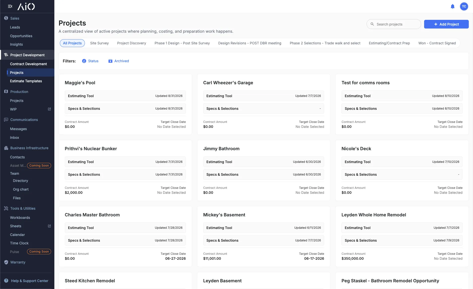 Screenshot of the Opportunities section of the AIO application.
