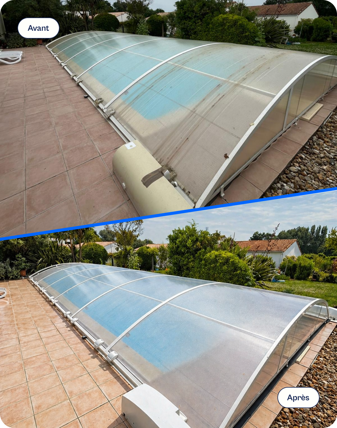 Comparaison avant et après nettoyage d'une couverture de piscine en polycarbonate: en haut, la couverture est sale avec des taches visibles, en bas, elle est propre et transparente, entourée de carrelage et de végétation.