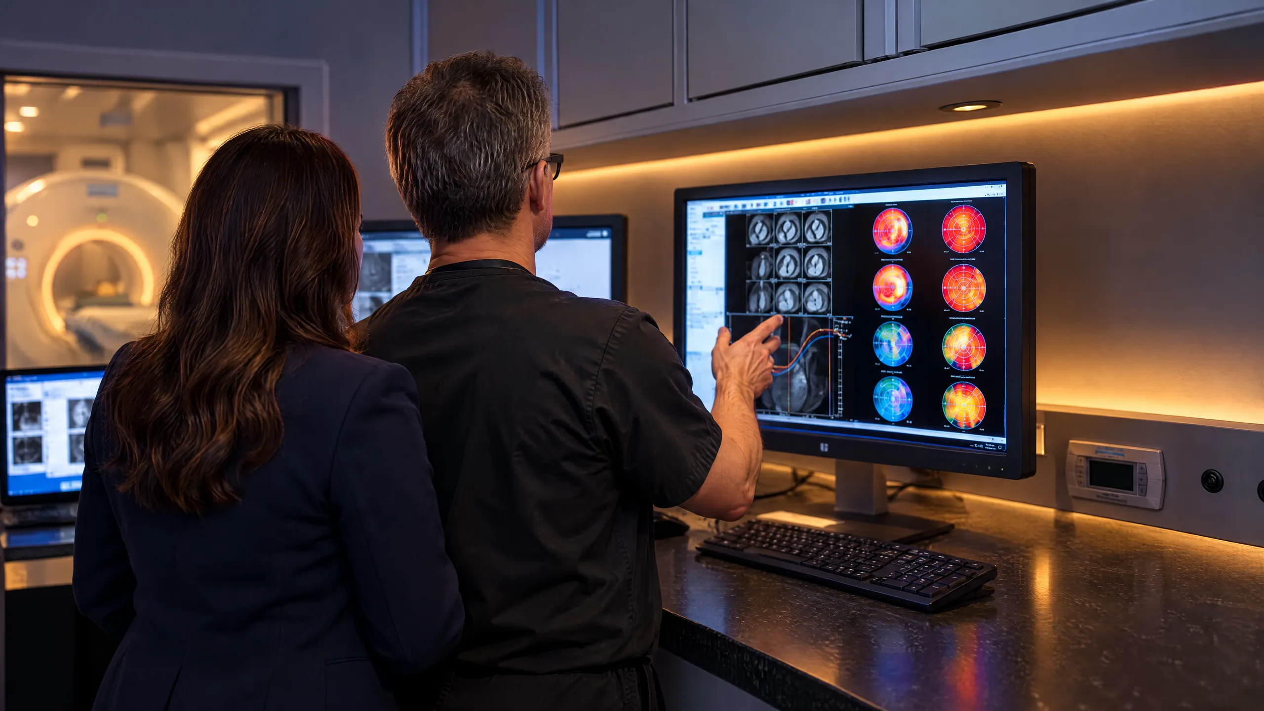 Technologist and practice administrator seen from behind reviewing cardiac perfusion maps at the mobile unit console
