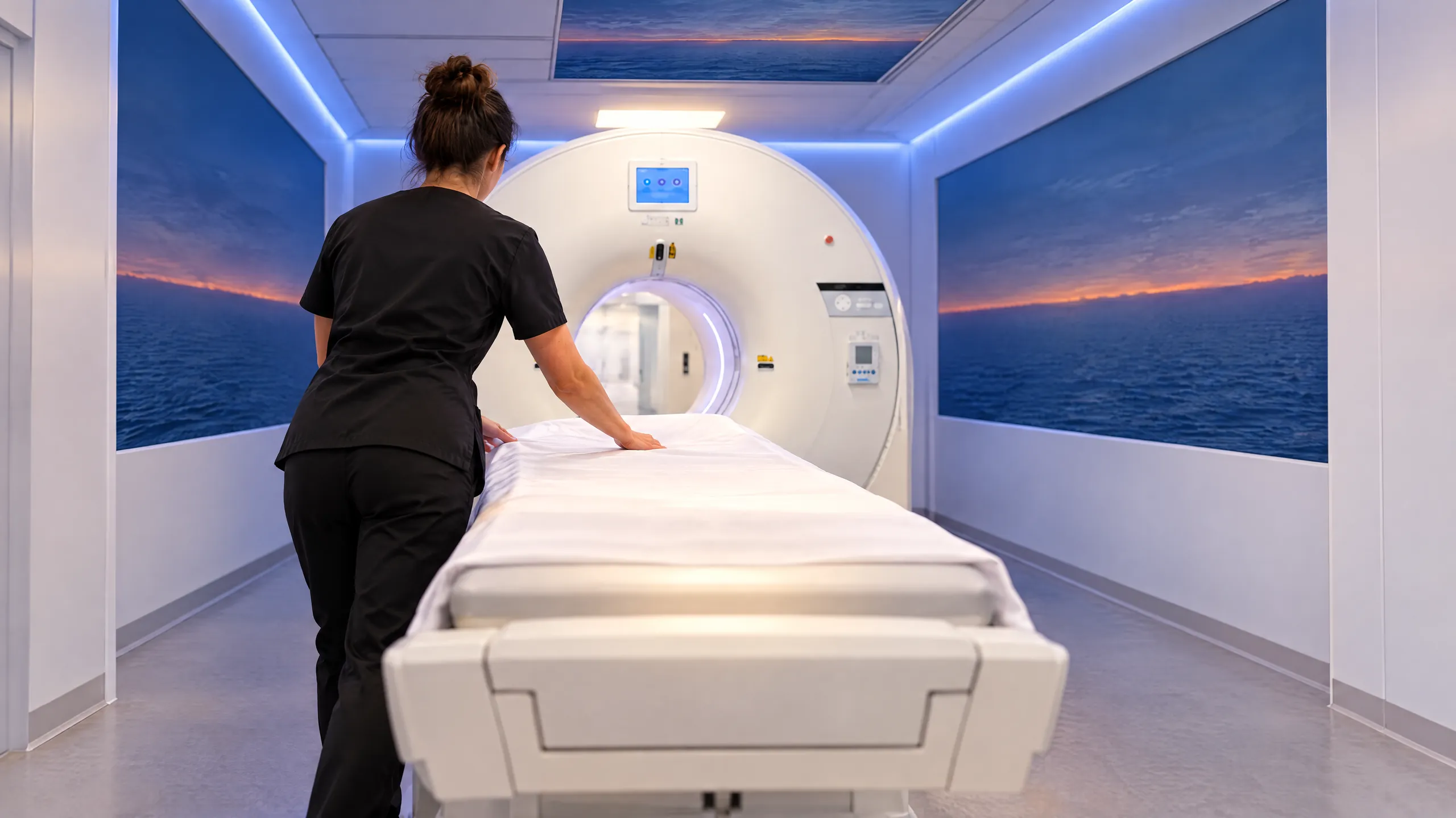 Technologist seen from behind preparing the PET/CT table in a mobile unit with ocean panels on the walls