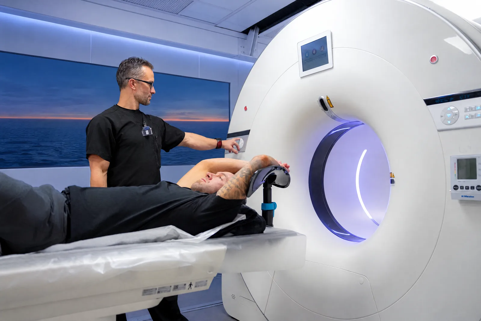 VIP Imaging technologist with a patient on the mobile cardiac PET/CT scanner serving San Diego County
