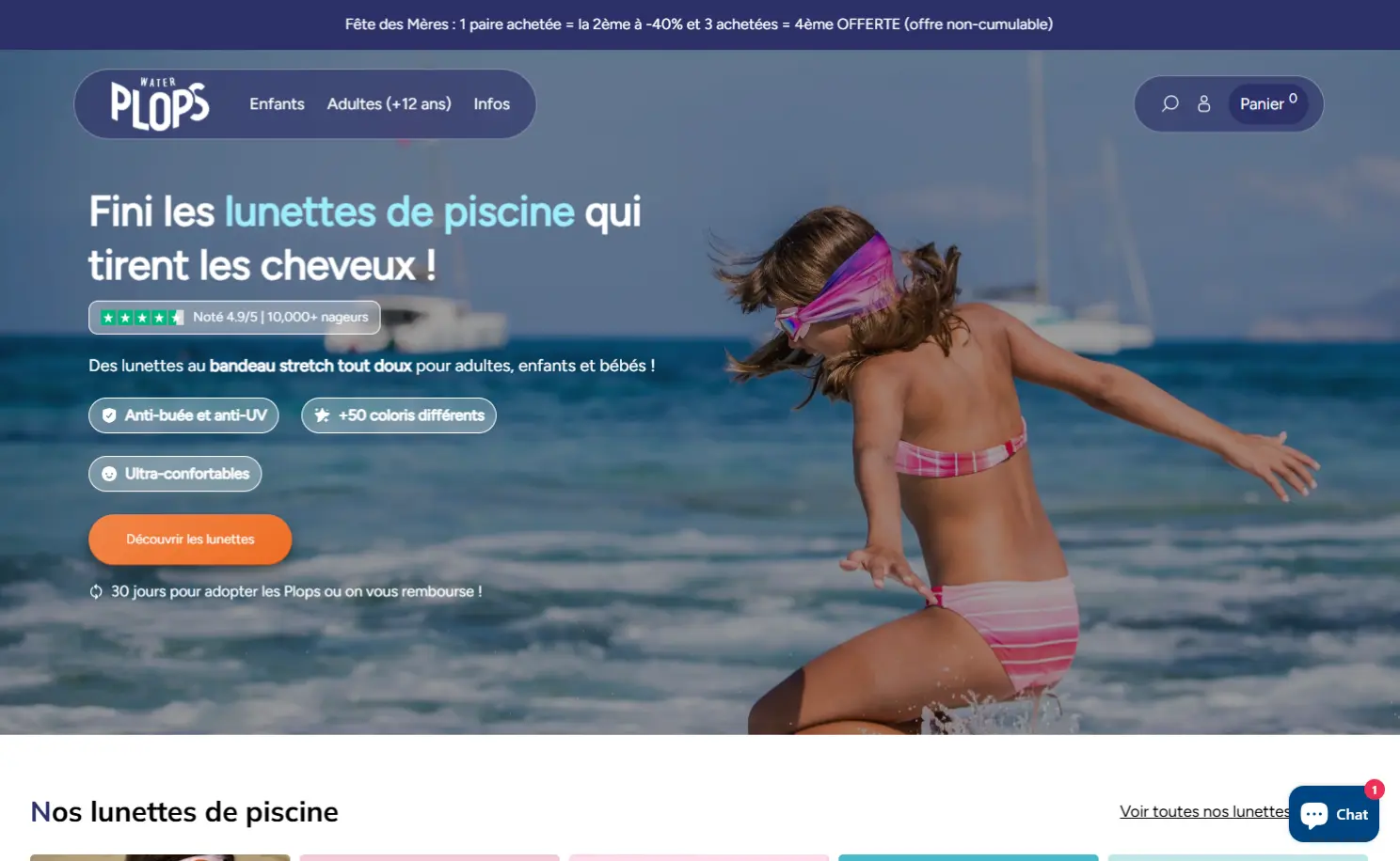 Aperçu du site Shopify Waterplops, lunettes de piscine