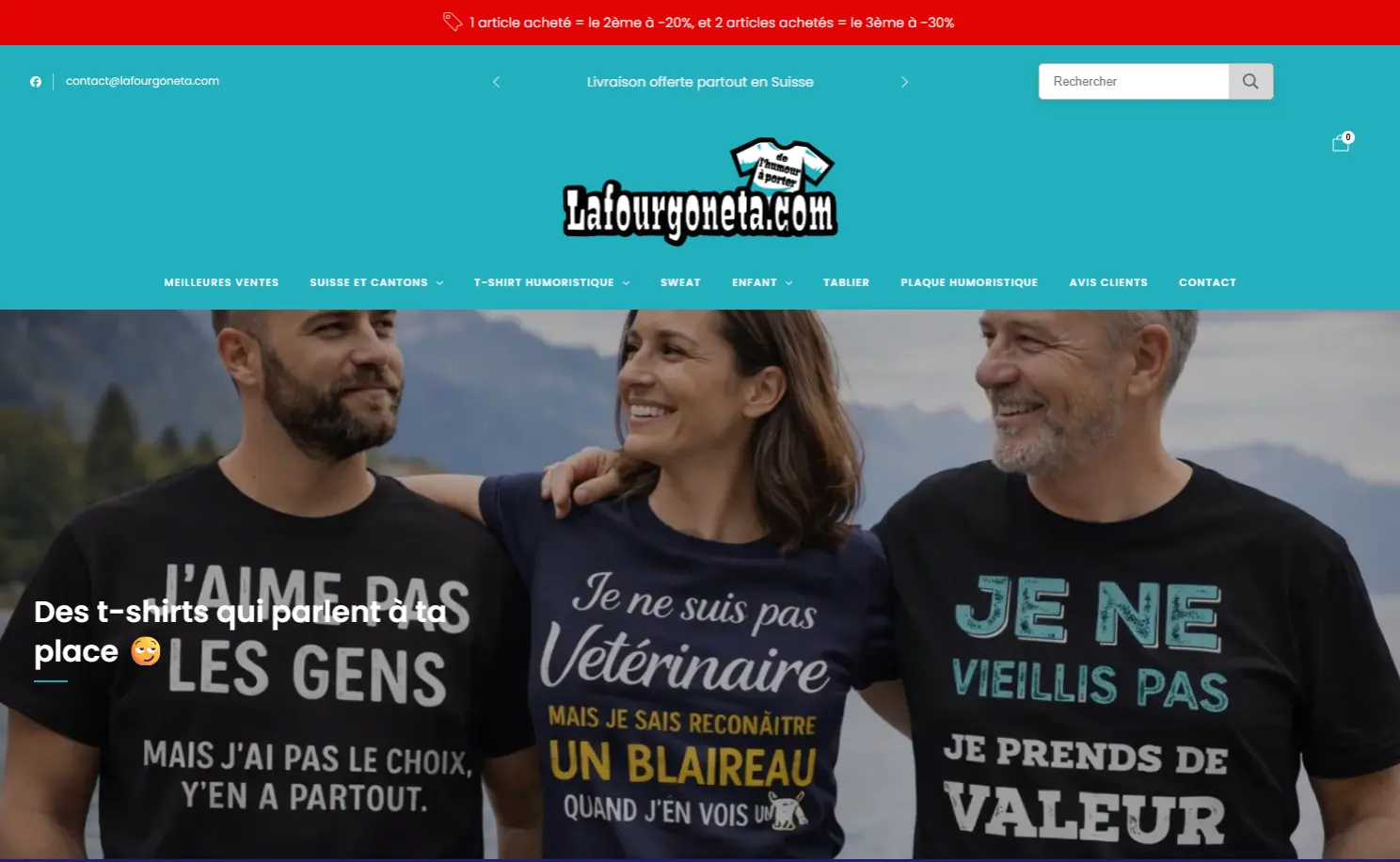 Aperçu du site Shopify La Fourgoneta, t-shirts humoristiques suisses