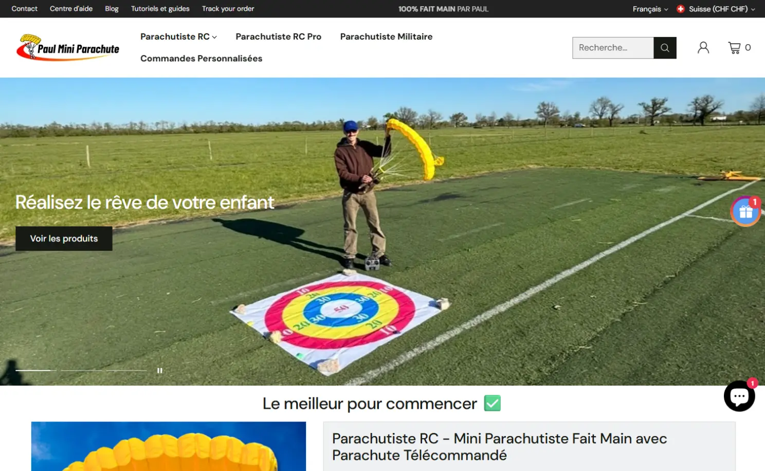 Aperçu du site Shopify Paul Mini Parachute, parachutes RC artisanaux