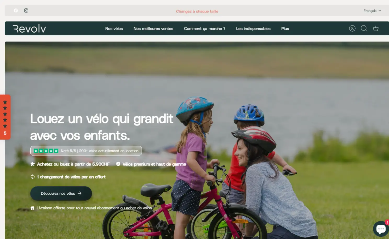 Aperçu du site Shopify Revolv Bikes, abonnement de vélos pour enfants