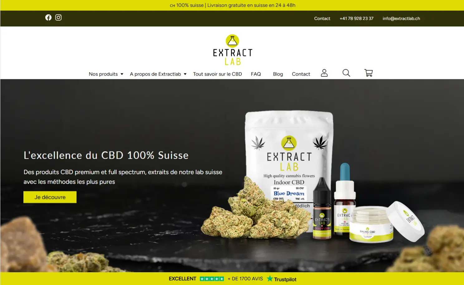 Aperçu du site Shopify Extractlab, CBD suisse