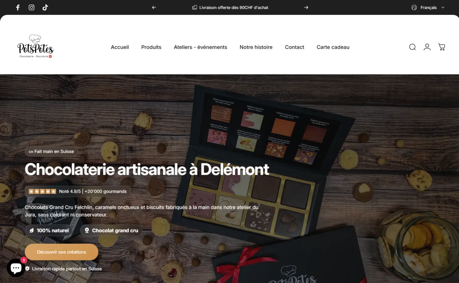 Aperçu du site Shopify PotsPotes, chocolaterie artisanale à Delémont