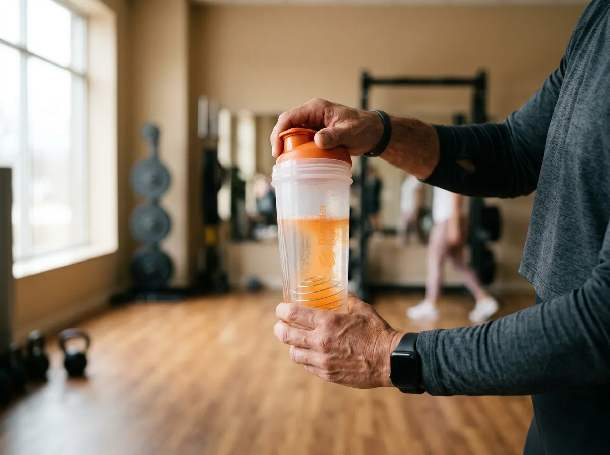 Woman preparing a creatine shaker after her workout