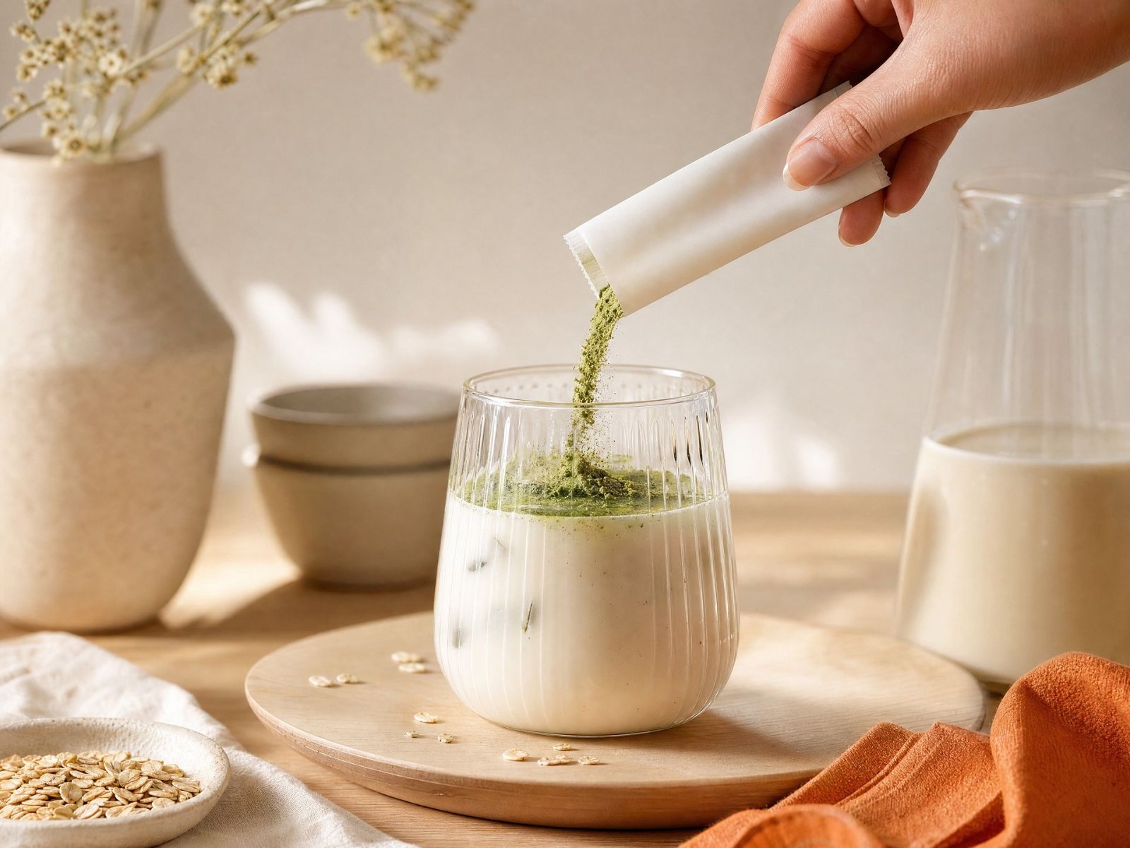 Matcha latte en stick monodose versé dans un lait végétal