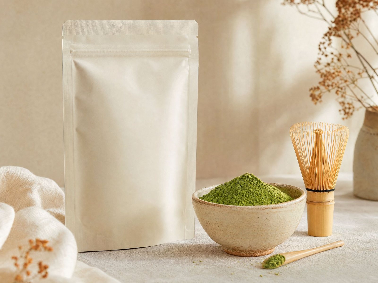 Matcha en poudre et doypack refermable en marque blanche