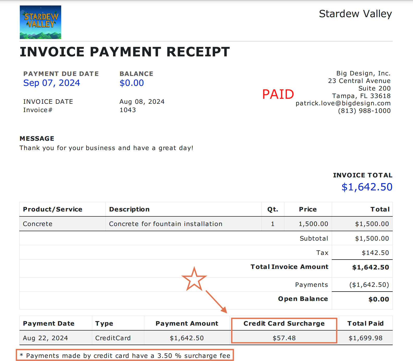 Example of MSP Client Invoice that Includes Credit Card Surcharge