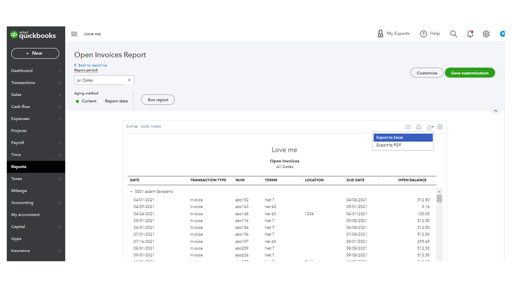 Open Invoices Report in QuickBooks