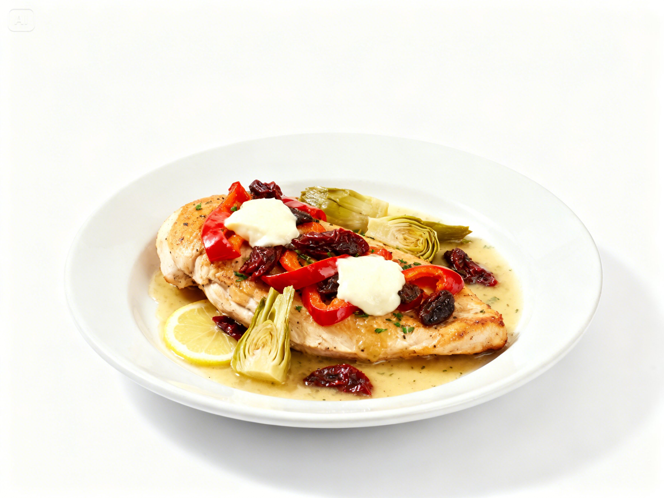 Chicken with Roasted Peppers, Artichokes, Sun-Dried Tomatoes & Mozzarella in Lemon Wine Sauce