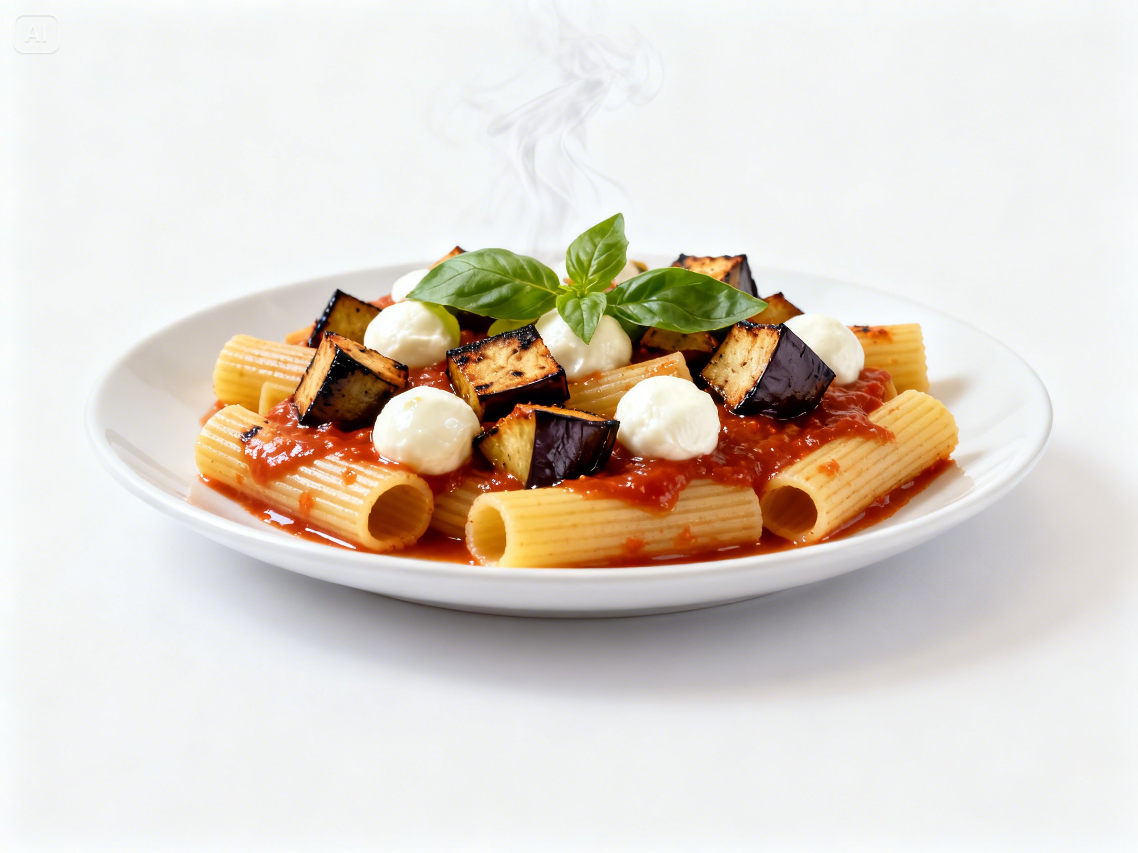 Rigatoni with Eggplant, Fresh Mozzarella & Basil in Marinara Sauce