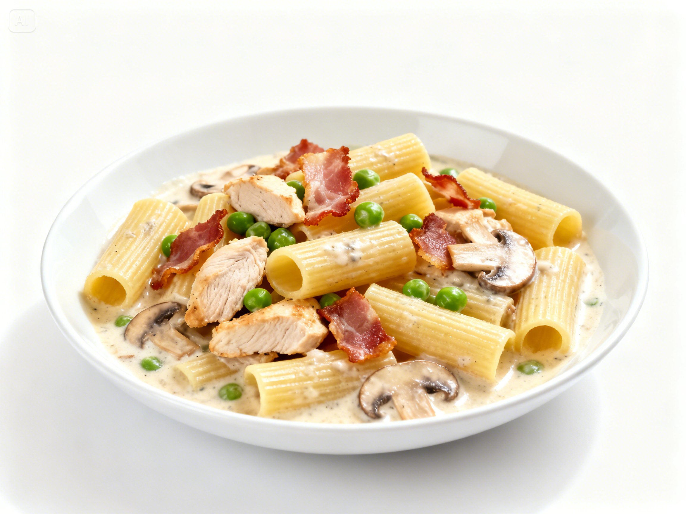 Rigatoni with Chicken, Bacon, Peas & Mushrooms in Cream Sauce