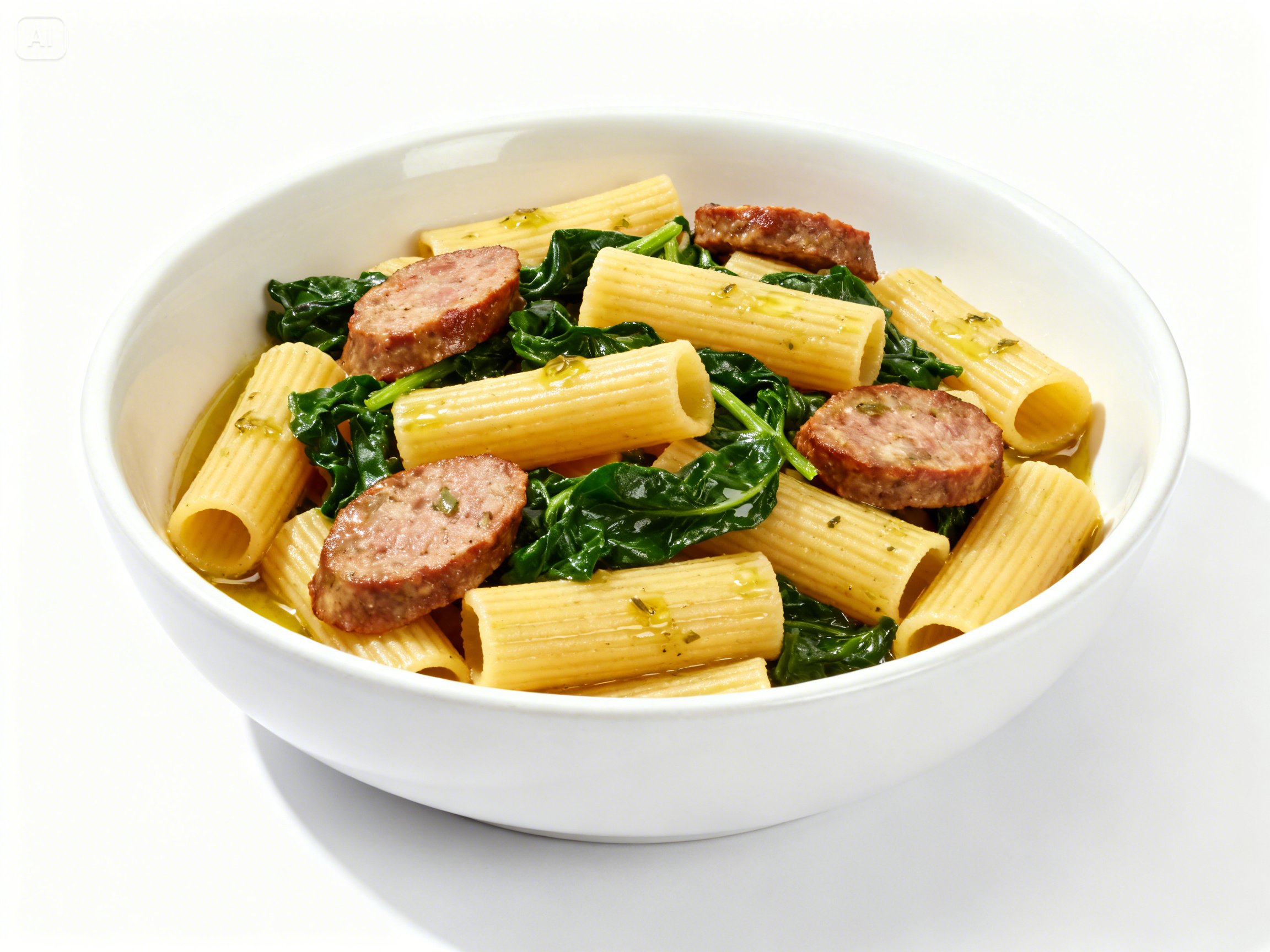 Rigatoni with Sausage & Spinach in Garlic & Oil