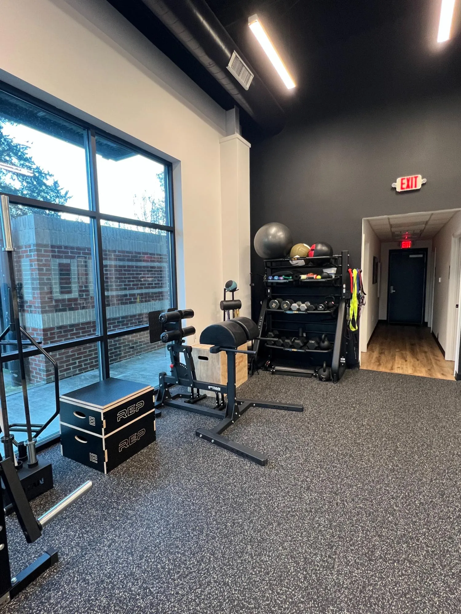 Gym corner with exercise equipment, weights, medicine balls, and large window showing brick exterior.