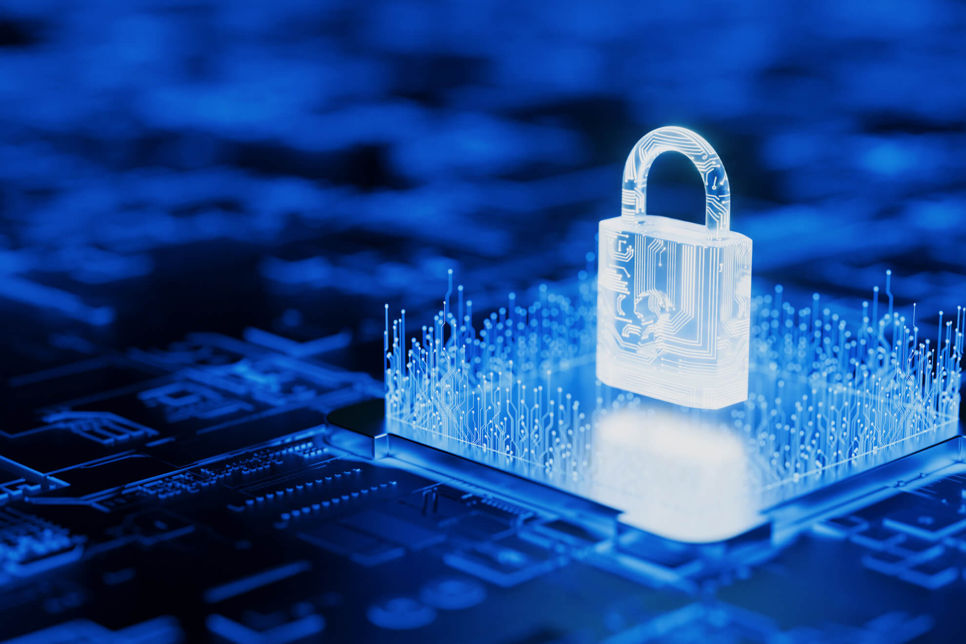 Digital cybersecurity concept featuring a glowing padlock on a circuit board.