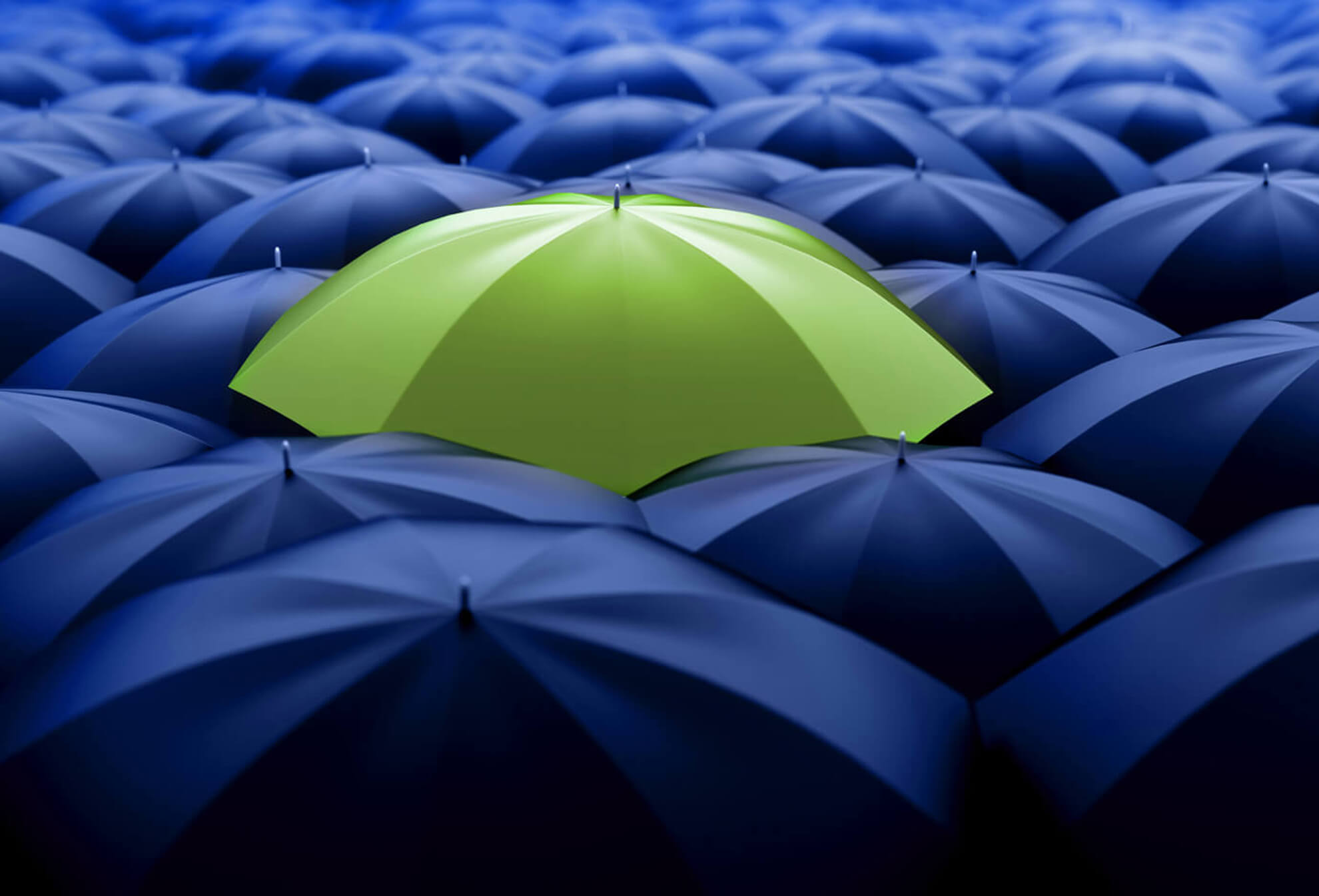 A single green umbrella standing out among a crowd of blue umbrellas, representing uniqueness and differentiation.