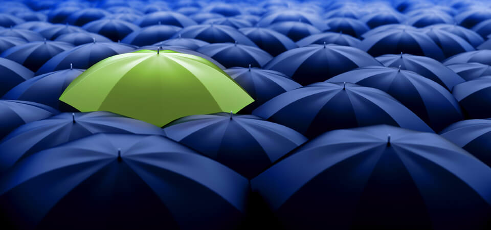 A single green umbrella standing out among a crowd of blue umbrellas, representing uniqueness and differentiation.