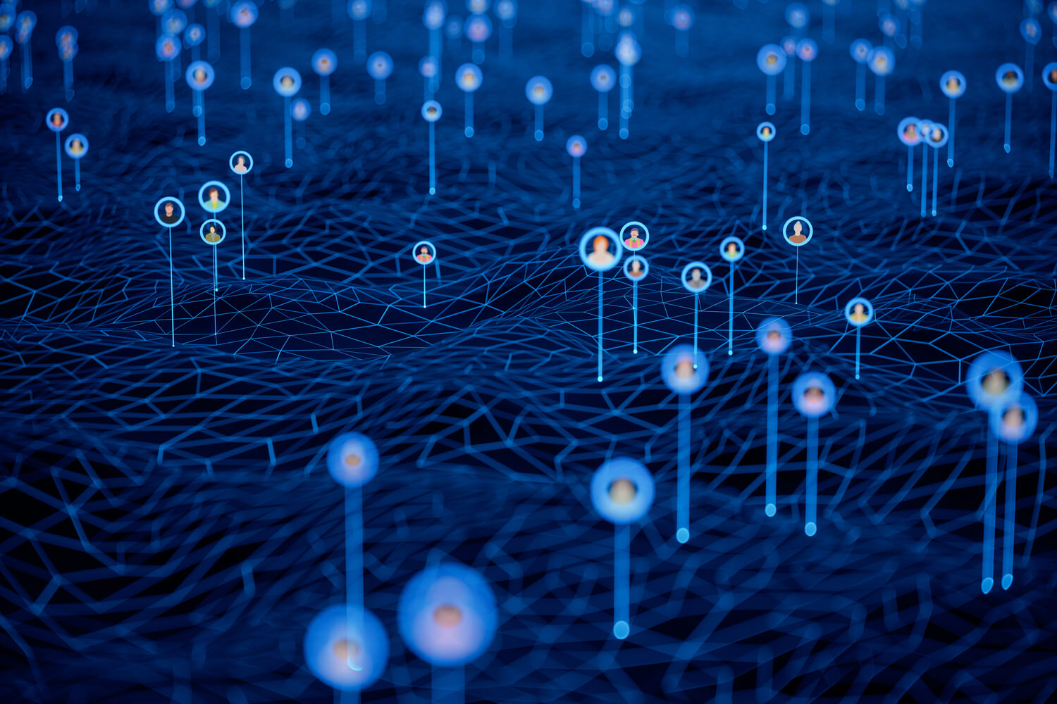 Digital network nodes with small human icons rising above a blue topographic.