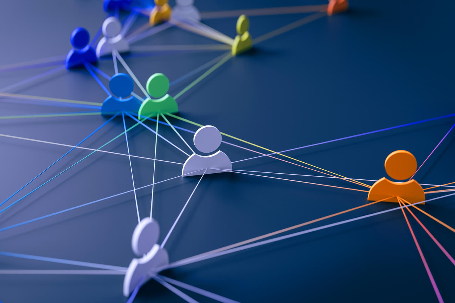 3D digital illustration of a social network concept with colorful human-shaped icons connected by glowing lines against a dark blue background.