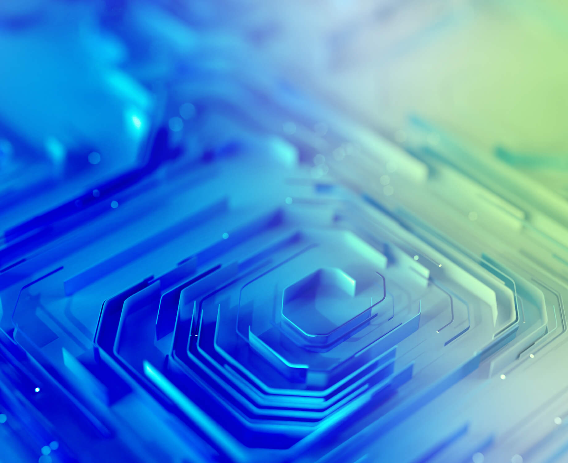 An abstract digital art image featuring geometric, three-dimensional circuit or microchip-like patterns in shades of blue and green.