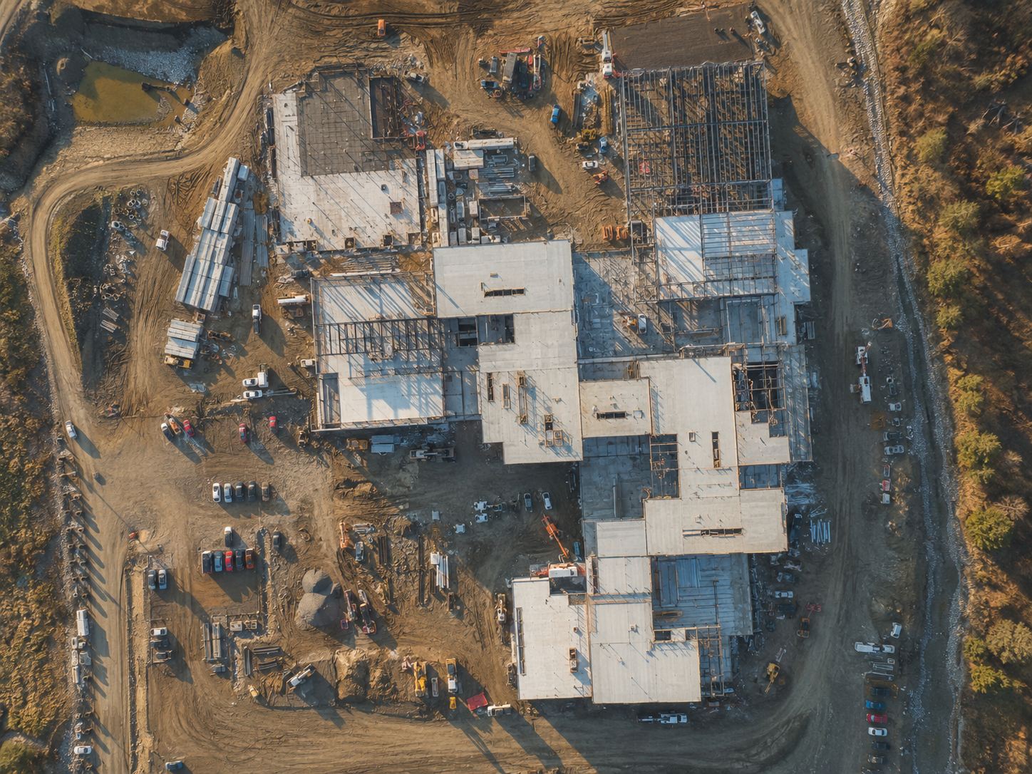 Straight-down drone orthomosaic of building foundations under construction