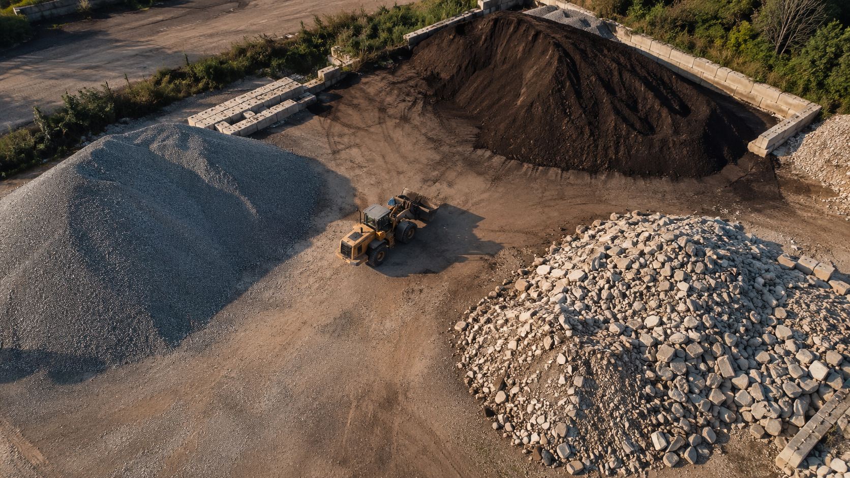 Aerial view of a materials yard with three stockpiles: crushed stone, screened topsoil, and recycled concrete