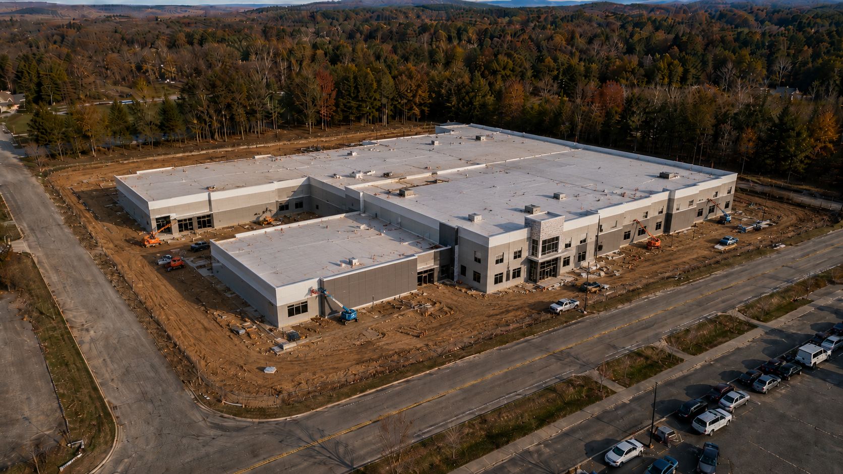 Aerial view of a completed commercial building captured by SkyGrid