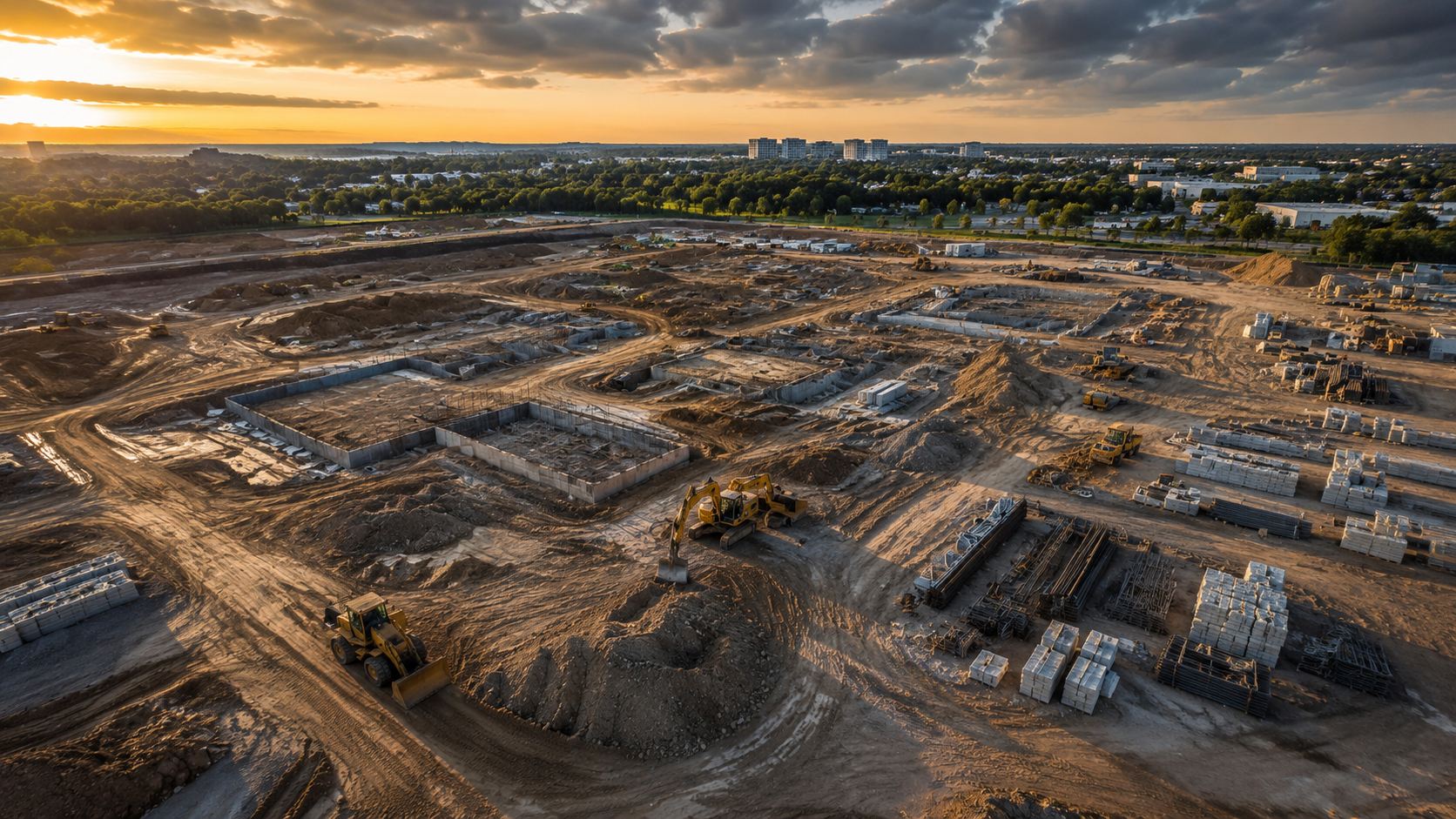 Aerial view of a construction site at golden hour