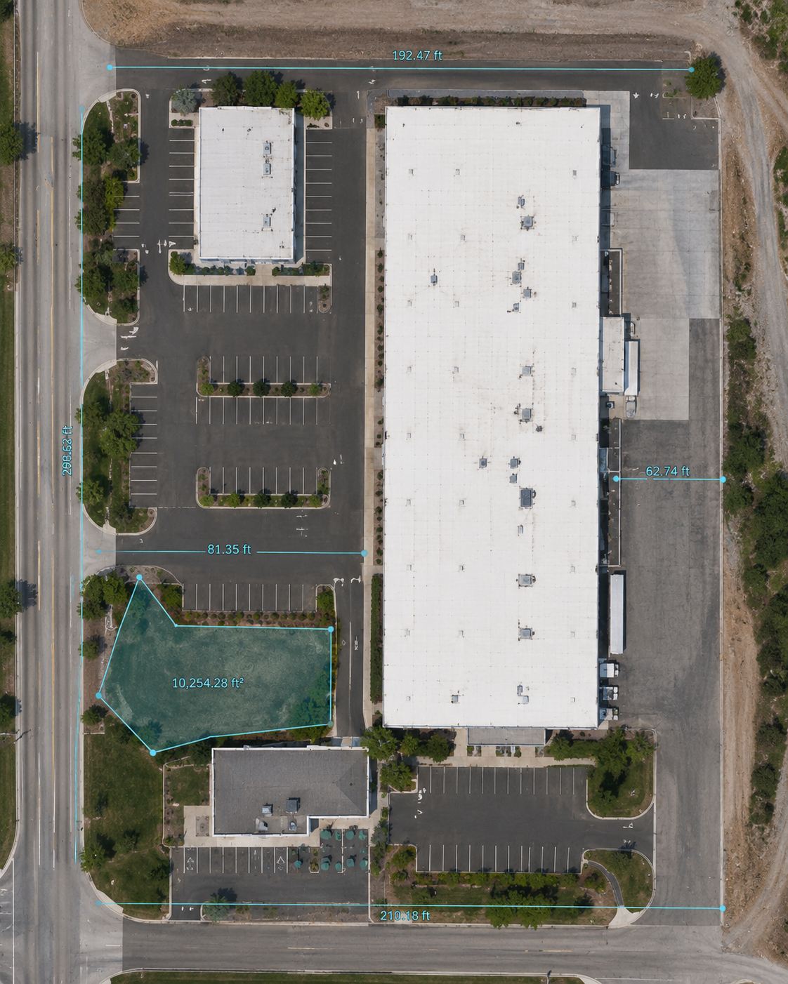 Aerial site map with distance and area measurements