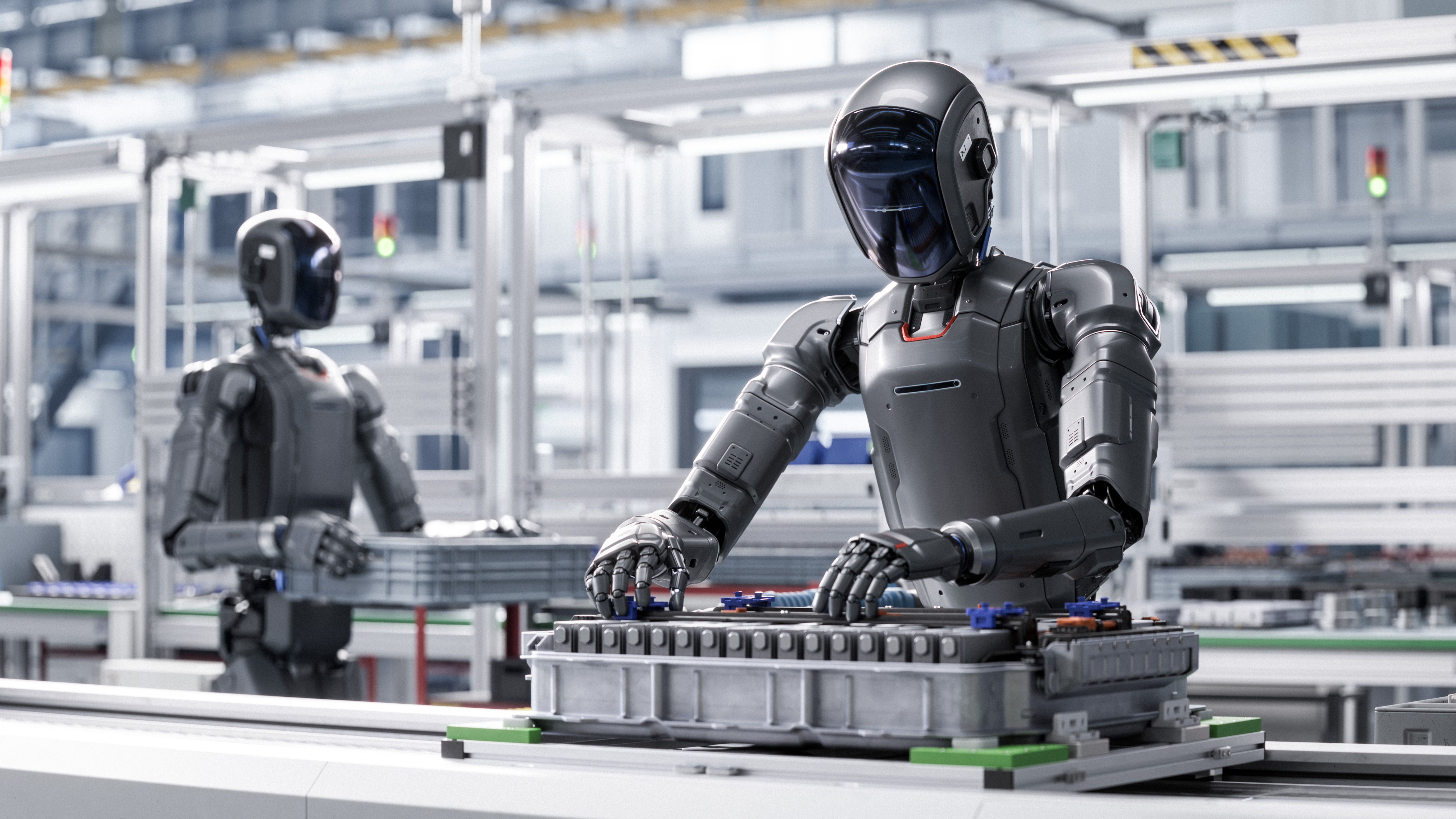 Humanoid robots performing industrial assembly and automation tasks in a manufacturing environment