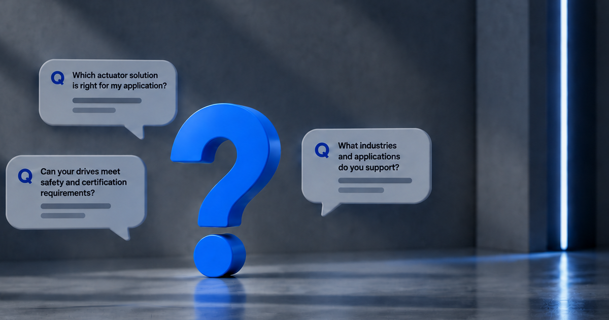 Banner image for the FAQ page showing a blue question mark and common questions about actuators, servo drives, and applications