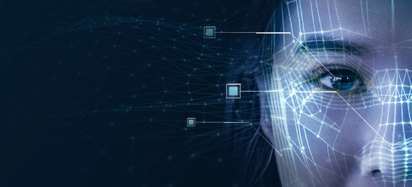 Facial recognition AI scanning a businesswoman's face for biometric security
