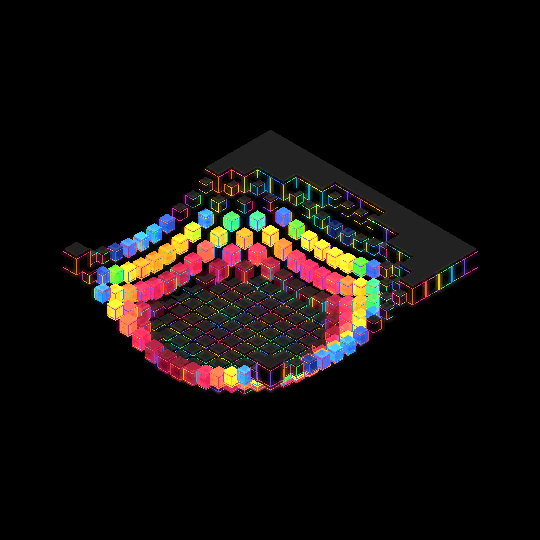 An isometric grid of glowing coloured cubes curves into a shallow bowl on a black background.