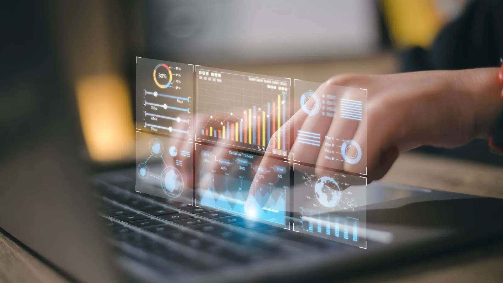 Analyst reviewing a business analytics dashboard with charts, KPIs and performance metrics
