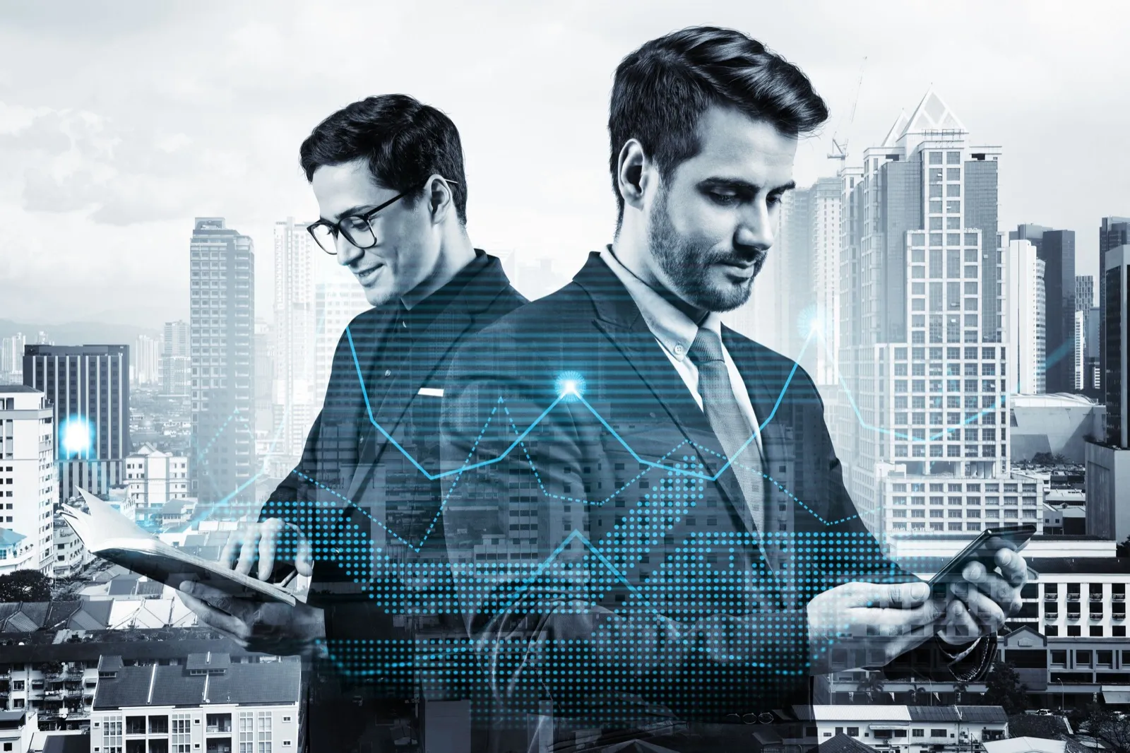 Two entrepreneurs in suits planning a venture capital startup investment