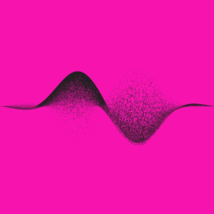 A black particle wave rises and dissolves into scattered specks against a hot pink field.