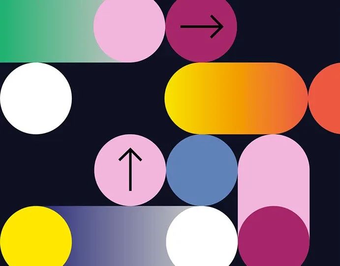 Circles and rounded bars in pink, yellow, blue and green sit on dark navy, two of them marked with arrows.