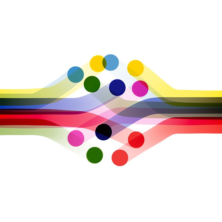 Translucent bands of colour converge into a peak on white, with solid dots scattered above and below.
