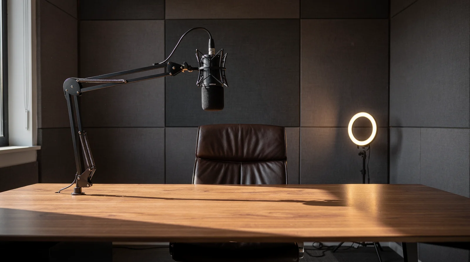 A quiet podcast studio: a broadcast microphone on a boom arm over an oak desk, an empty leather chair and a ring light