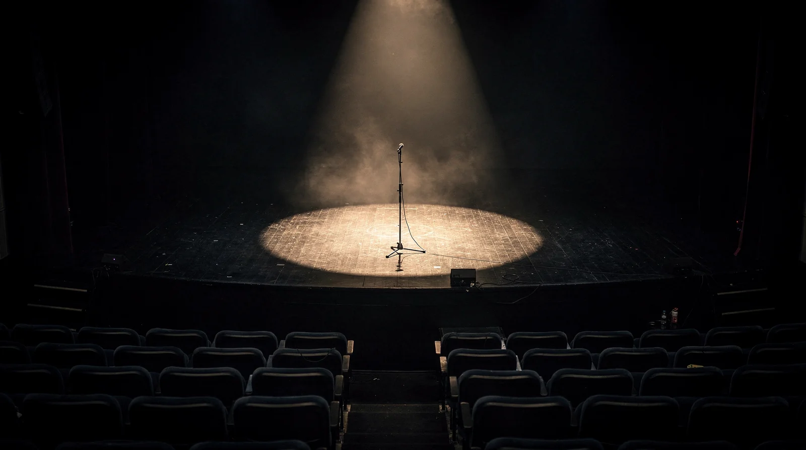 An empty theatre stage at night: one spotlight on a lone microphone stand before rows of empty seats