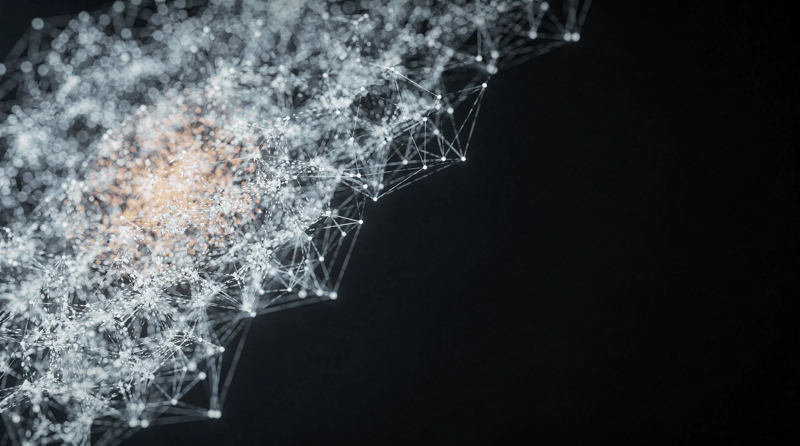Abstract neural network: a lattice of luminous nodes and fine threads drifting across a dark field