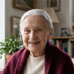 Portrait d'une femme âgée souriante portant un pull crème et un châle bordeaux dans un intérieur.
