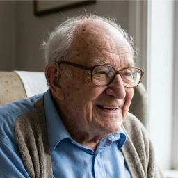 Portrait d'un homme âgé souriant portant des lunettes, un pull beige et une chemise bleue près d'une fenêtre.