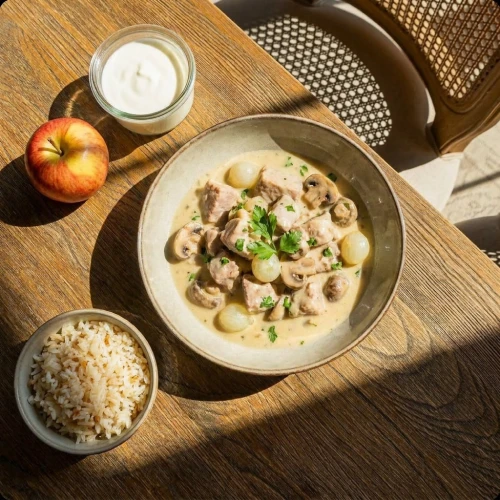 Assiette de poulet à la sauce aux champignons avec oignons, accompagnée de riz, pomme et yaourt sur table en bois.