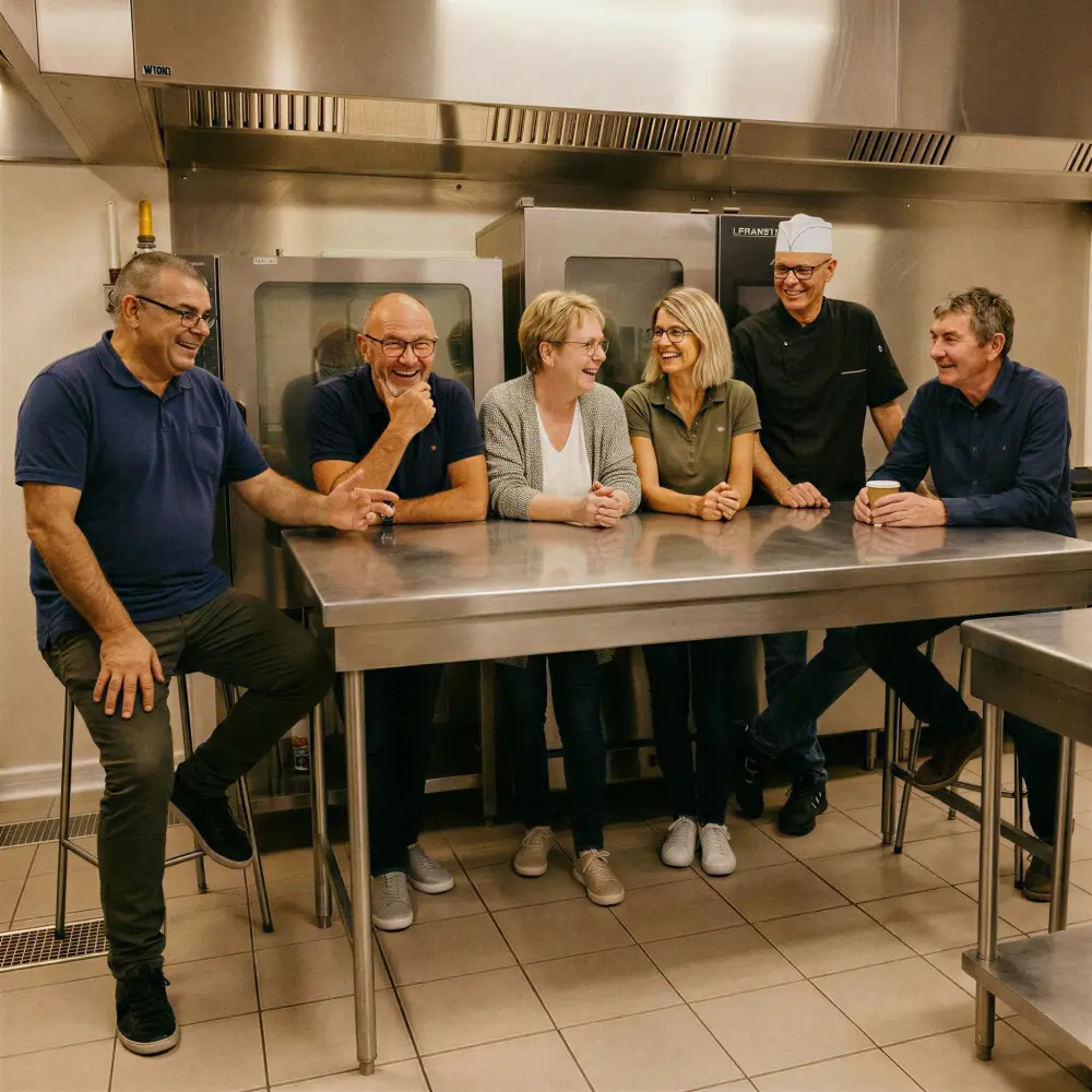 L'équipe La Cigale réunie autour d'un plan de travail dans sa cuisine professionnelle.