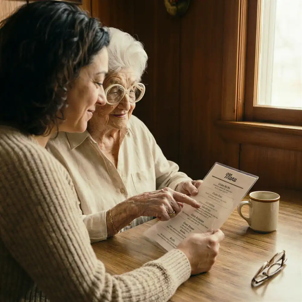 Une femme âgée et une jeune femme regardent un menu ensemble dans un restaurant en bois.