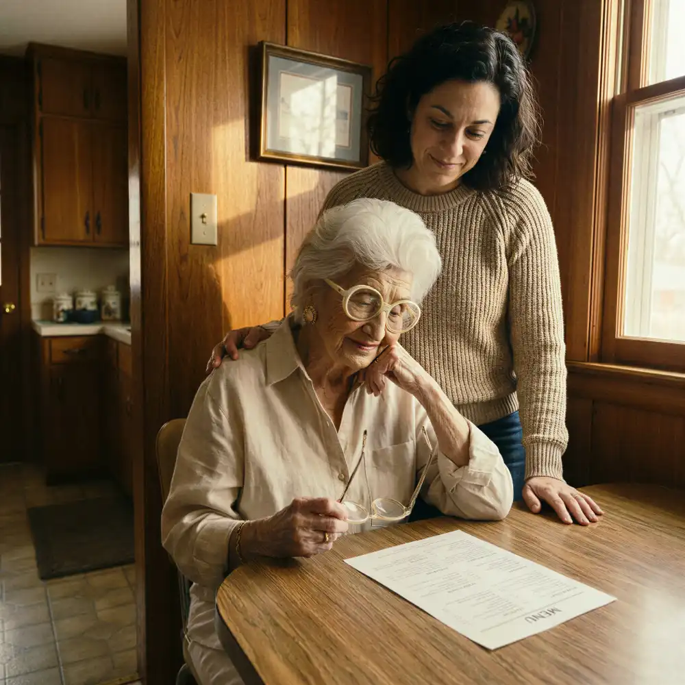 Une femme âgée lisant un menu assise à une table, soutenue par une femme plus jeune debout près d'elle.